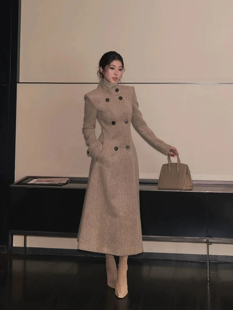 

XZY Retro plus Size Double Breasted Woolen Coat Women's Autumn Winter Long Outerwear Casual High Waist A-Line Skirt