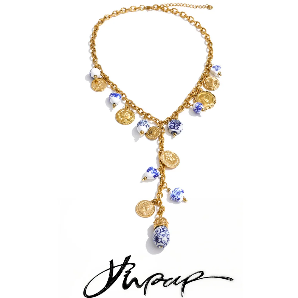 Yhpup Summer Stainless Steel Ceramics Heart Flower Drop Charm Necklace High Quality Y Chain Trendy Modern Jewelry