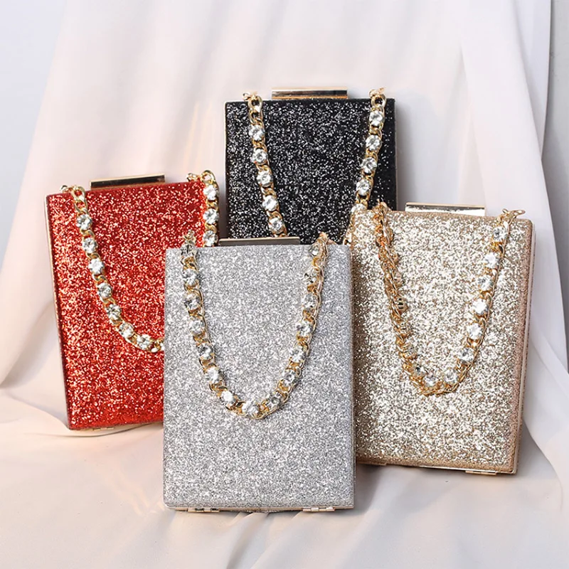 Women's Box Sequin Wedding Clutch Bag Diamond Chain Luxury Design Handbag  New Bridal Evening Bag Small Party Purse gold B442