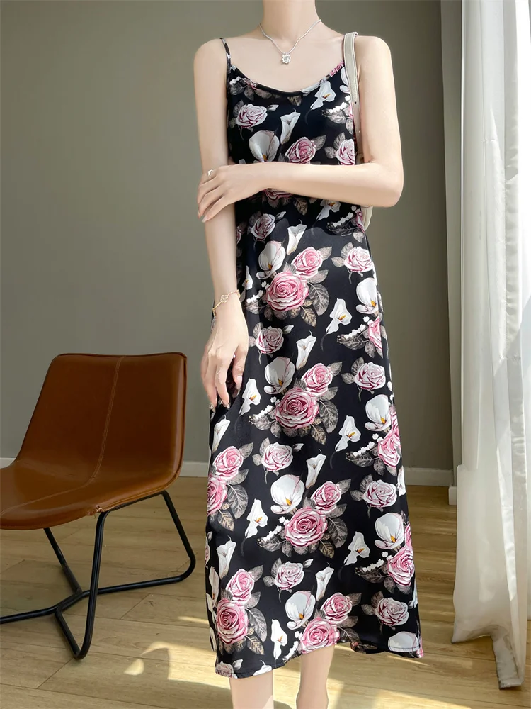 Damen Urlaubsdruck Acetat Satin A-Linie Dr Sommer Blumen Csole Midirock V-Ne Svel Casual Ele Sle