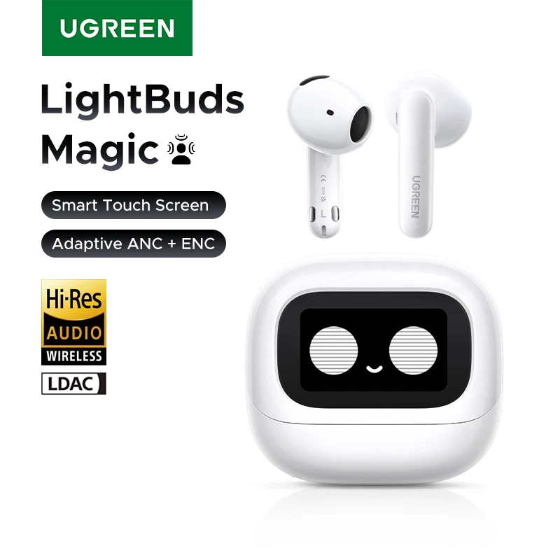 UGREEN Lightbuds semi-aberto adaptável cancelamento de ruído ativo ANC fones de ouvido sem fio Bluetooth com tela LCD colorida inteligente