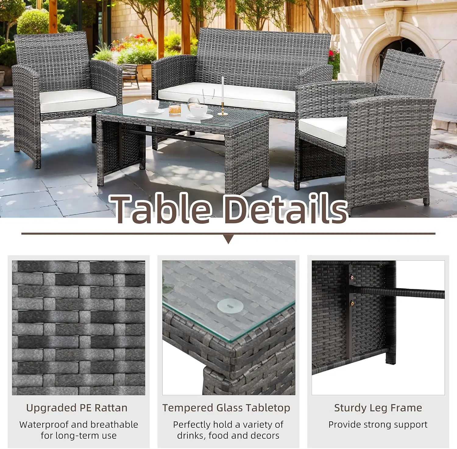 Patio Furniture Set, Outdoor Wicker Patio Conversation Furniture Set with Cushions and Tempered Glass Tabletop for Lawn