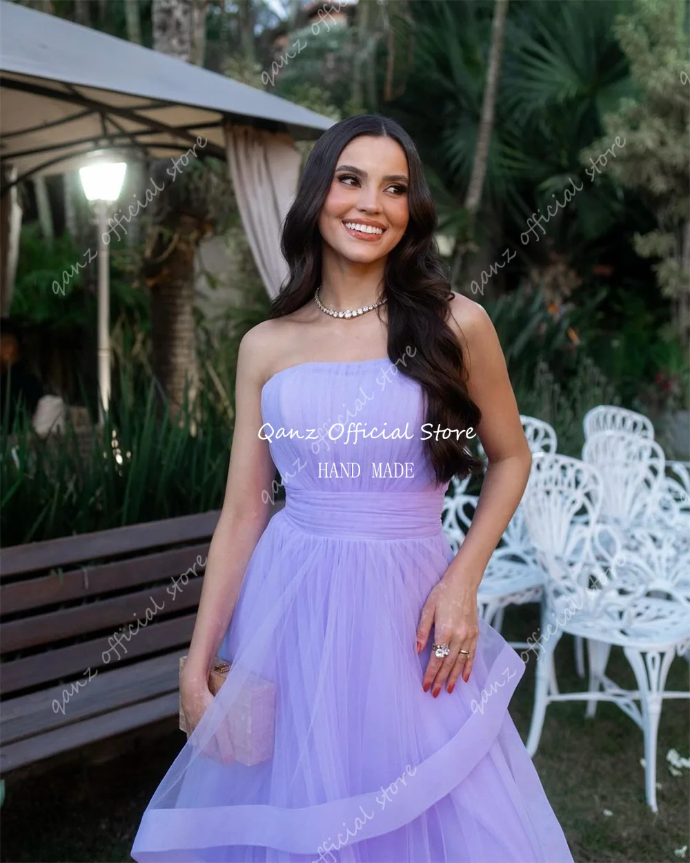 Qanz-Elegant Lavender Vestidos de noite, Strapless Ruffles Tulle, Long Formal Occsion Vestidos, Open Back Bow, até o chão, Party Gowns