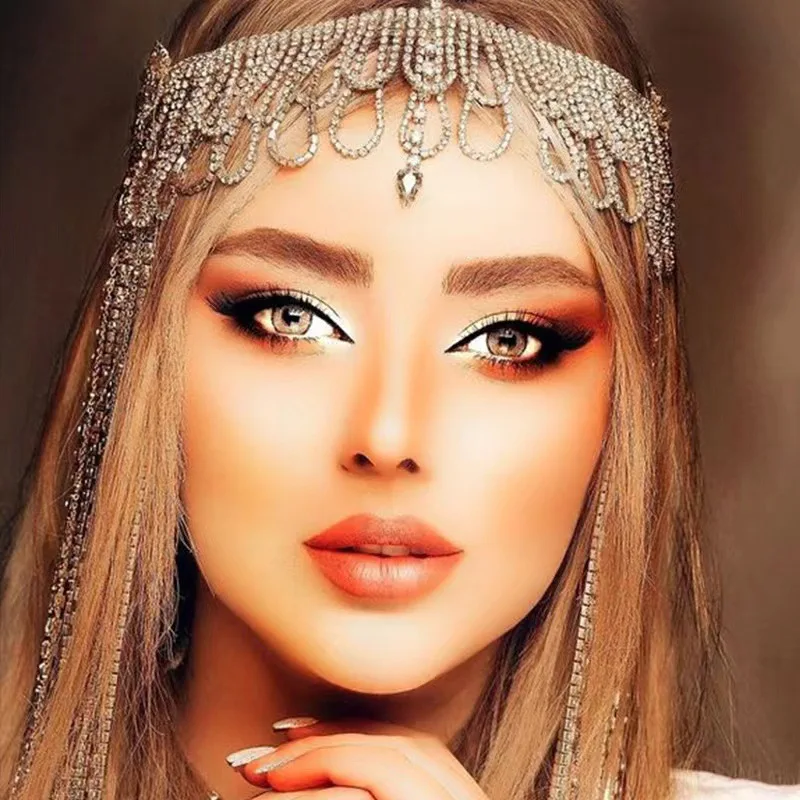 Exotic Boho Forehead Mesh Headpiece Sparkly Streamer Tassel Head Chain Hair Accessory For Bridal Festival Costume