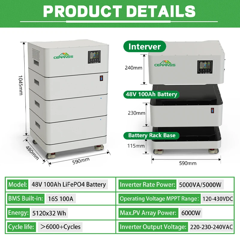 2 In 1 Solar Inverter Stacked Battery 5Kw 10Kw 15Kw Home Storage 51.2V Rack LiFePO4 100Ah 200Ah 300Ah 48V LiFePO4 Battery
