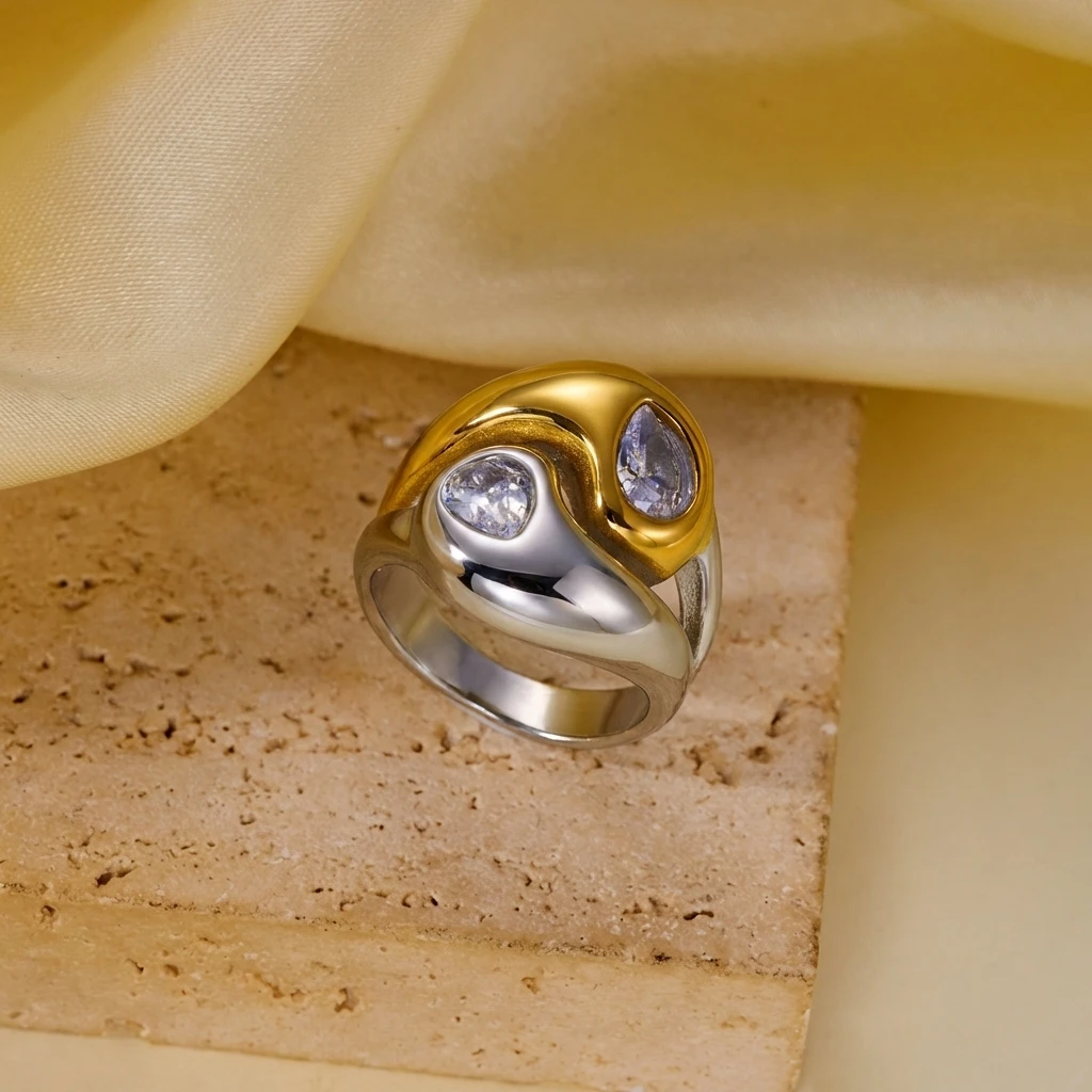 Minimalistischer Geometrischer Zweifarbiger Edelstahl Offener Ring für Frauen Zarter Wellenförmiger Manschettenring Hypoallergener Party-Fingerschmuck Geschenk – Detail 5