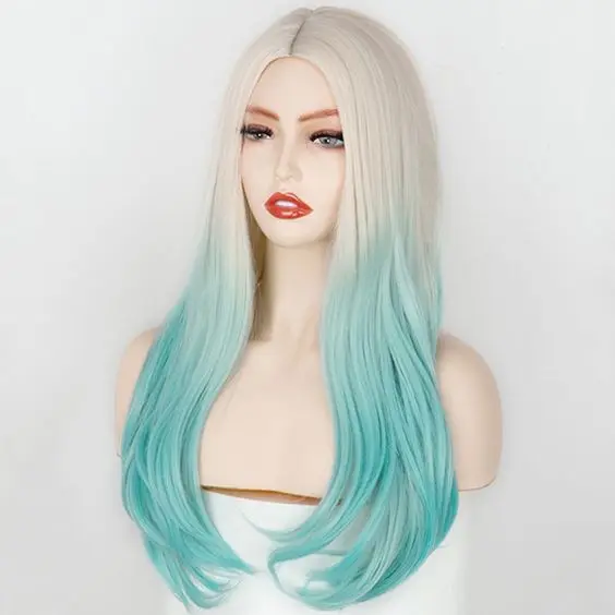 Long Straight Ombre Blonde To Blue Pink women Cosplay Natural Synthetic Wigs