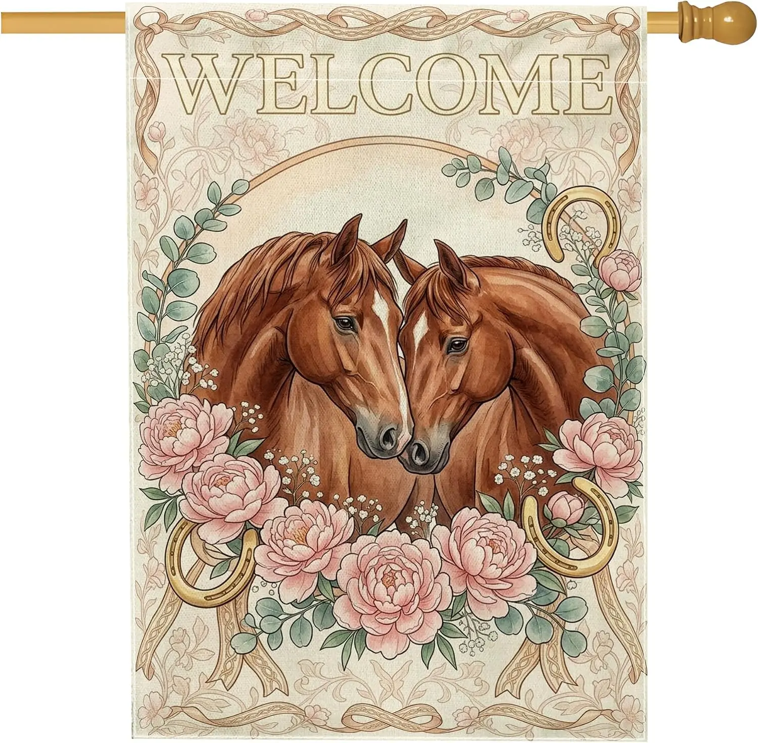 Horses House Flag, Rustic Country Peonies Leaves Welcome Brown Burlap Double Sided Outside Large Garden Flag for Outdoor Pat yyi