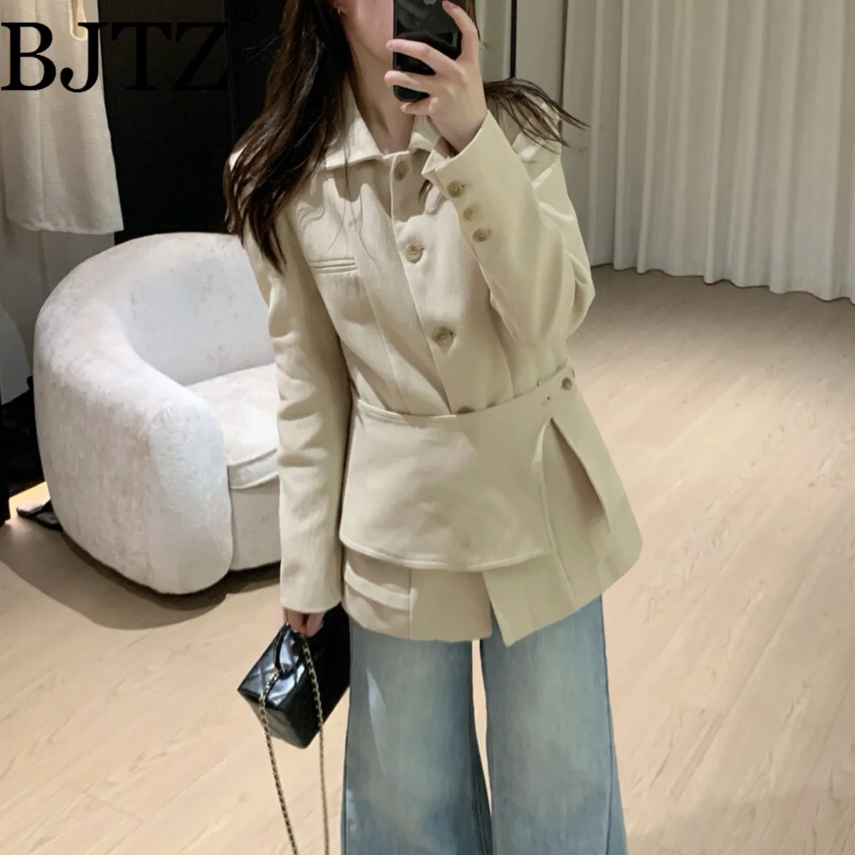 سترة BJTZ النسائية ذات الحد الأدنى بحزام لخريف 2025 55% كتان 45% بدلة قطن سترة مكتب ملابس عمل غير رسمية للخريف والشتاء