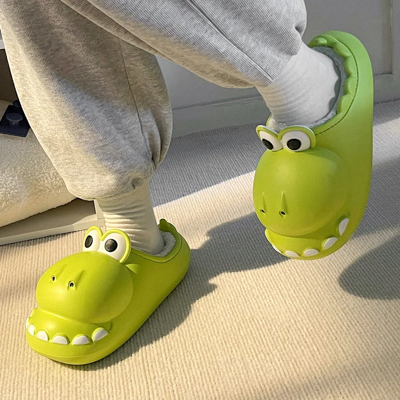 Wrap Heel Dinosaur Cotton Home Slippers Women 2022 Winter Warm Thick Sole Indoor Household Plush Slipper Man Funny Animal Shoes