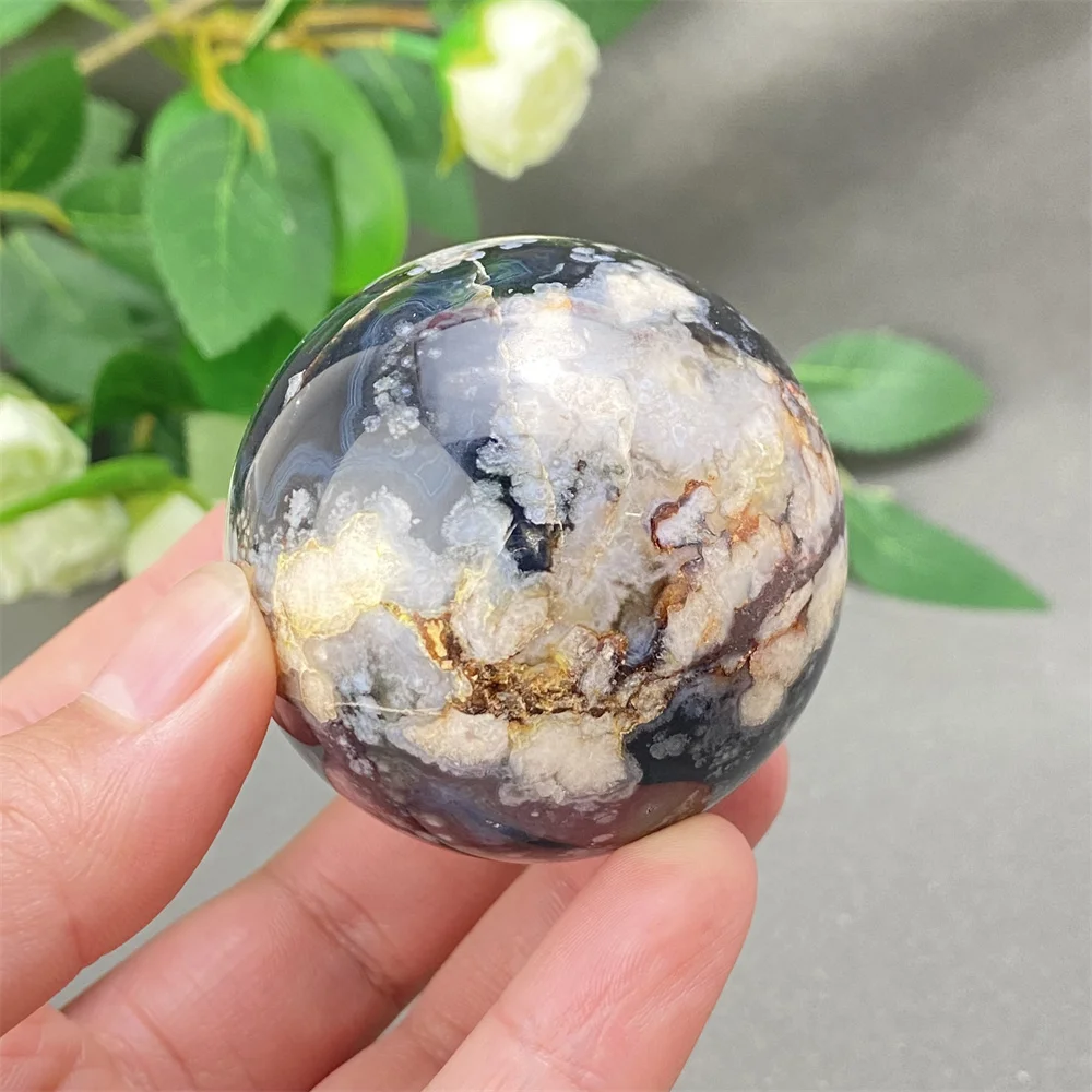 Black Cherry Blossom Agate Meditation Ball Natural Gemstone Energy Massage Home Decorative Round Ball for Relaxation And Serenit
