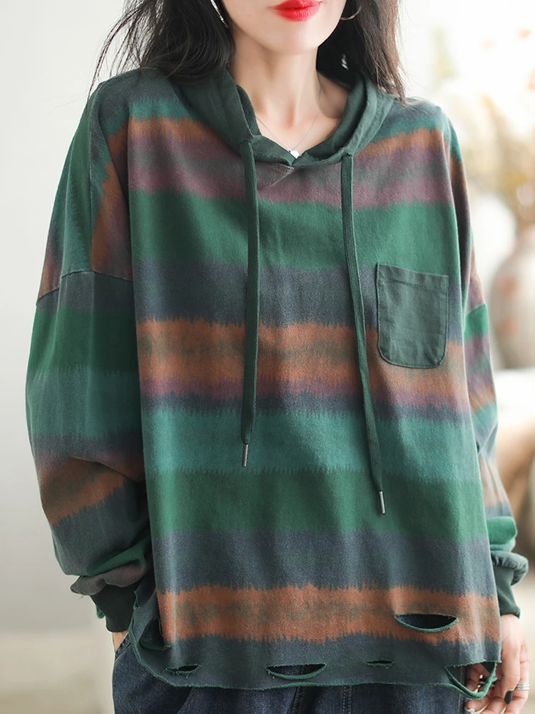 Max LuLu 2024 Fall Womens Fashion Striped Oversized Hooded T-shirts Ladies Casual Holes Design Cotton Tops Classic Loose Clothes