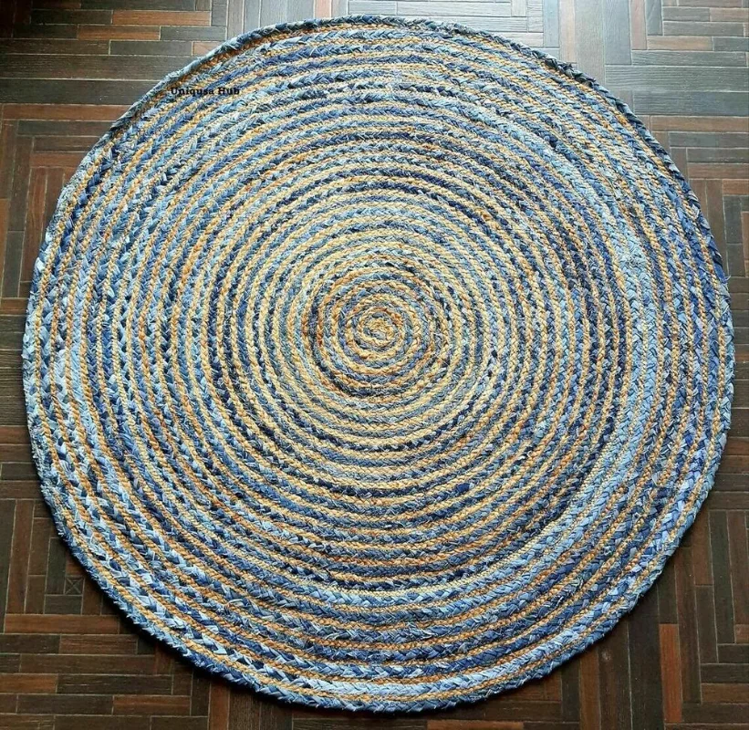 Rug Denim & Jute Round 100% Handmade Feet Area Carpet Modern Reversible Rug Floor Mats Rugs for Bedroom