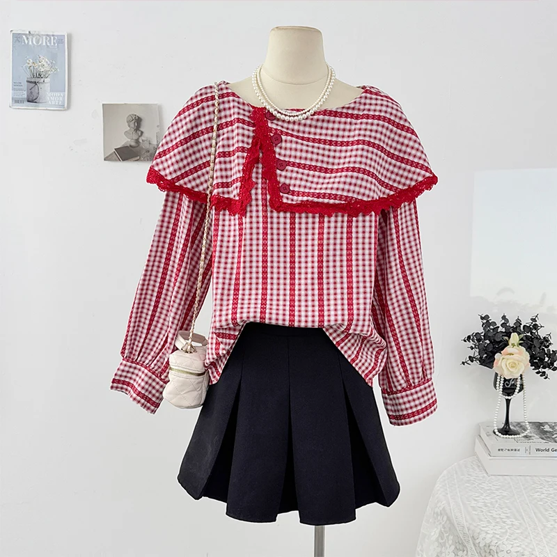 

Французская кружевная рубашка с рюшами по краям для женщин, модная клетчатая блузка с большими лацканами контрастного цвета, осенняя мода, милый свободный женский топ