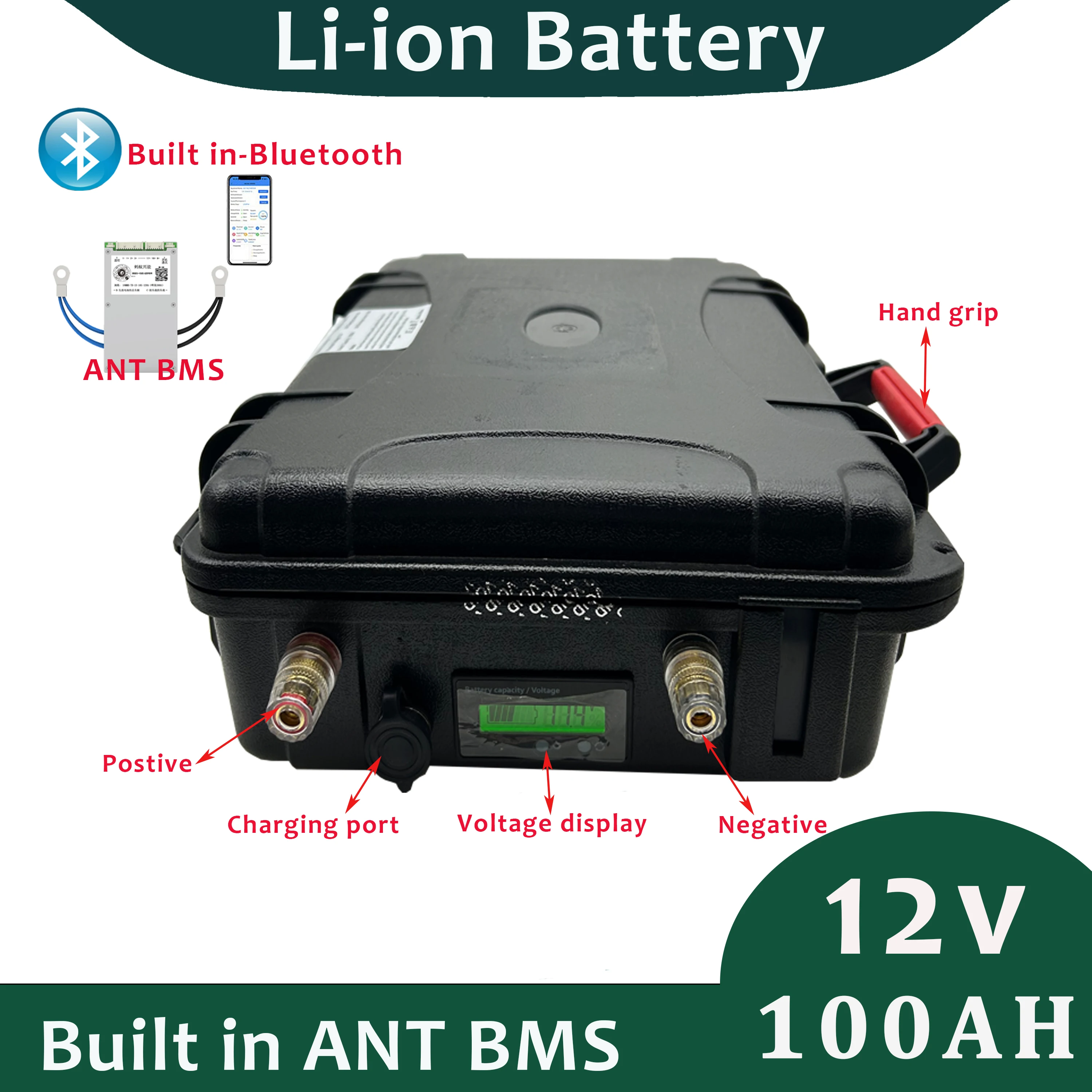 Waterproof Rechargeable 12v 60ah 80ah 100ah Lithium Ion Battery Cycle with ANT BMS Grate A Cell For Boat RV