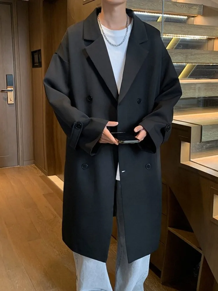 

Double-Row Button Men's Long Coat Briti Sle Casual Haome Autumn New Sle Cthulhu Civilian Coat Youth Faion Trend