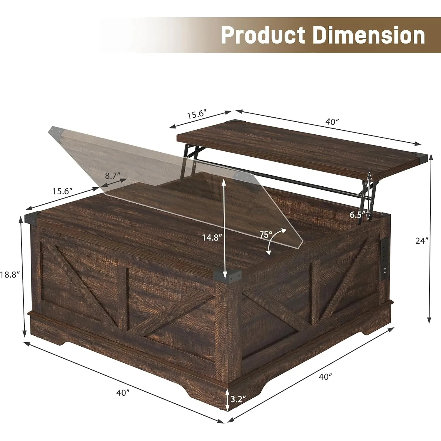 40” Large Farmhouse Lift Top Coffee Table with Power Outlets and Large Hidden Storage, Square Wood Living Room Tables, Multi-Function Lift Wooden Barn Door Center Table, Brown
