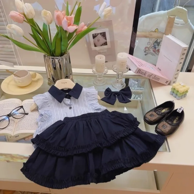 

TOY-Girls' Fashionable Academy Style Set Summer New Children's Bowknot Sleeveless Striped Shirt Skirt Pants Two-Piece Set Trendy