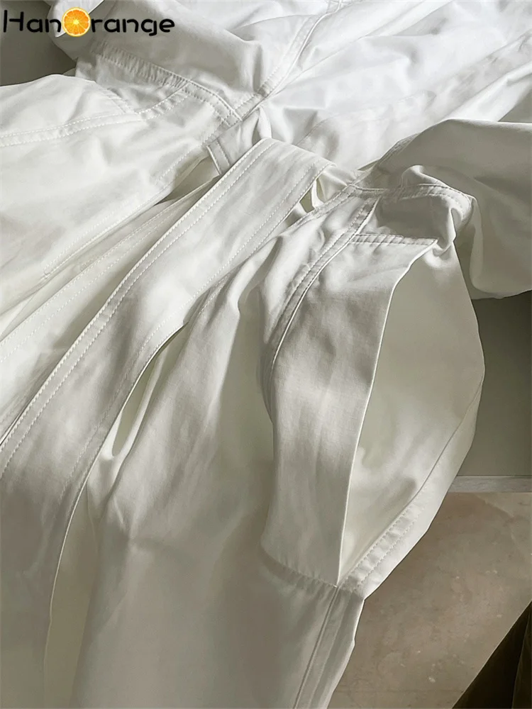 HanOrange 2025 Spring Shirt Dress Loose Profile Tie Waist Art Half Sleeve Dress White/army Green