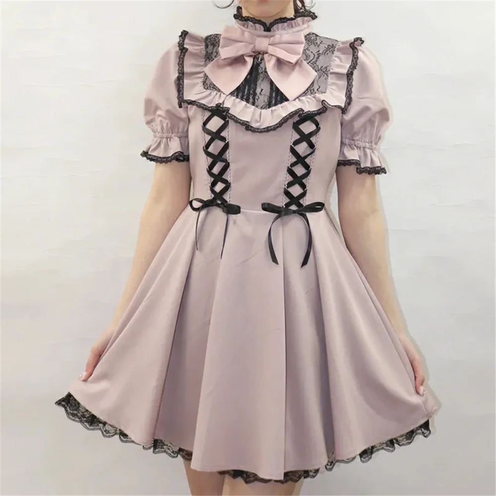 Lolita Ribbon Party Dress Women Japan Sweet Goth Kawaii Bow Lace Ruffles Bandage Y2k Mini Dresses Vintage Cute Puff Sleeve Dress