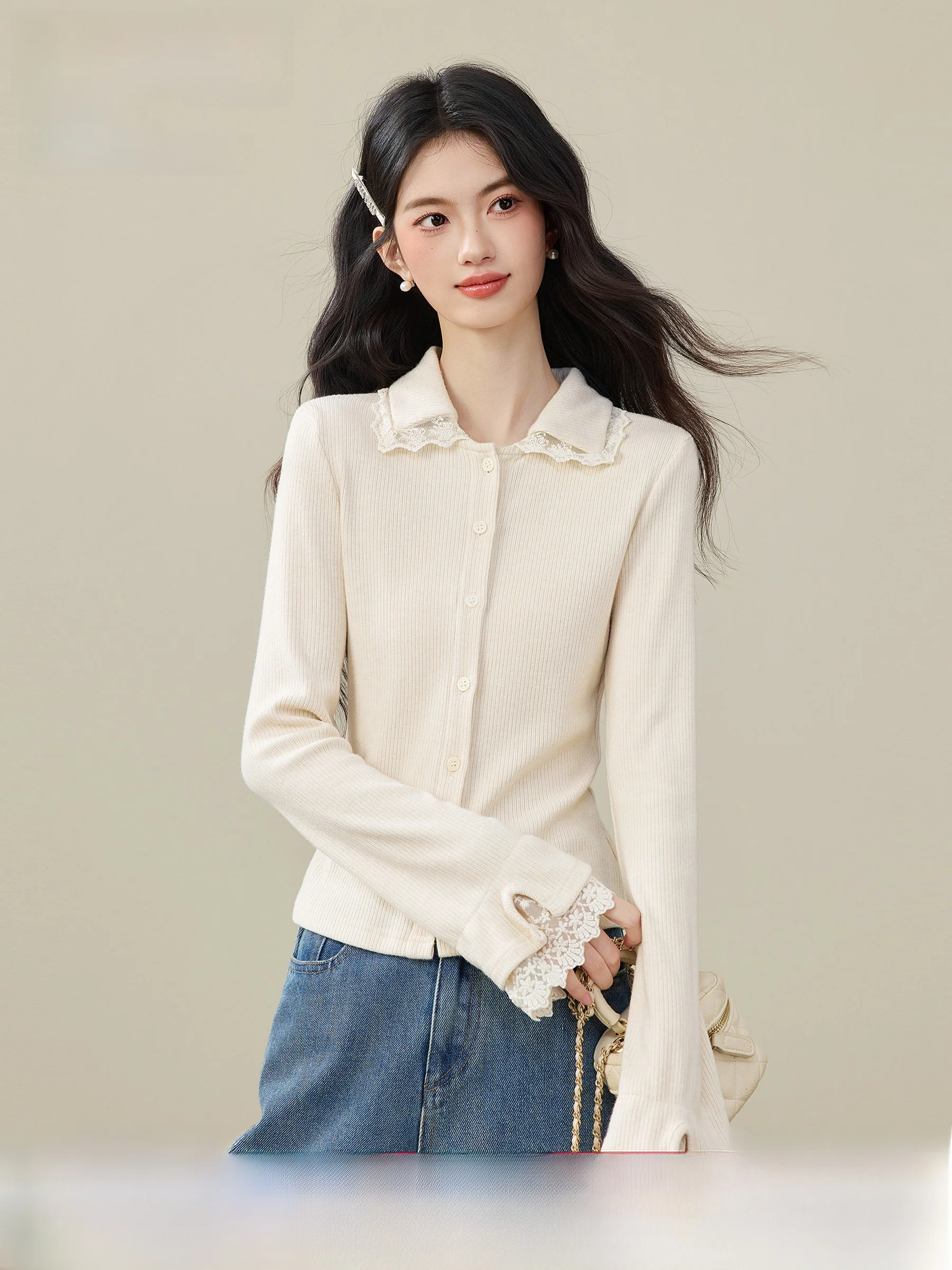 

Ретро-кардиган с длинными рукавами и кружевными вставками, женский, в стиле Sweet Style, приталенный, из хлопка, полиэстера и нейлона