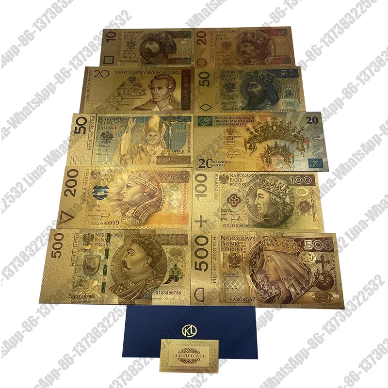 Kelin have More Colored Gold Foil Polish Banknote Set 50 100 200 500 PLN for Partriotism Poland Crafts Collection