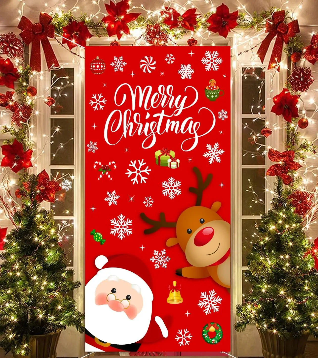 

Милый Санта и Олень 36x72 дюйма, веселая рождественская дверная крышка для праздников входной двери, баннер для рождественской вечеринки, домашний декор для дома и улицы