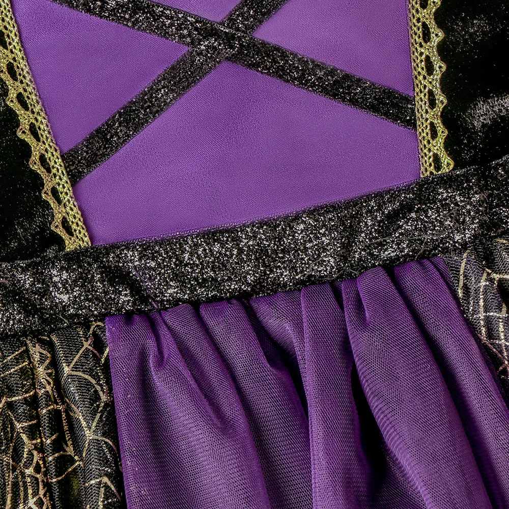 Mädchen Lila-Schwarzes Hexenkostüm mit Hut, Goldener Spinnennetz-Druck Tüllkleid 2026 Halloween-Kleidung, Fantasievolles Zauberer-Cosplay-Outfit – Detail 4