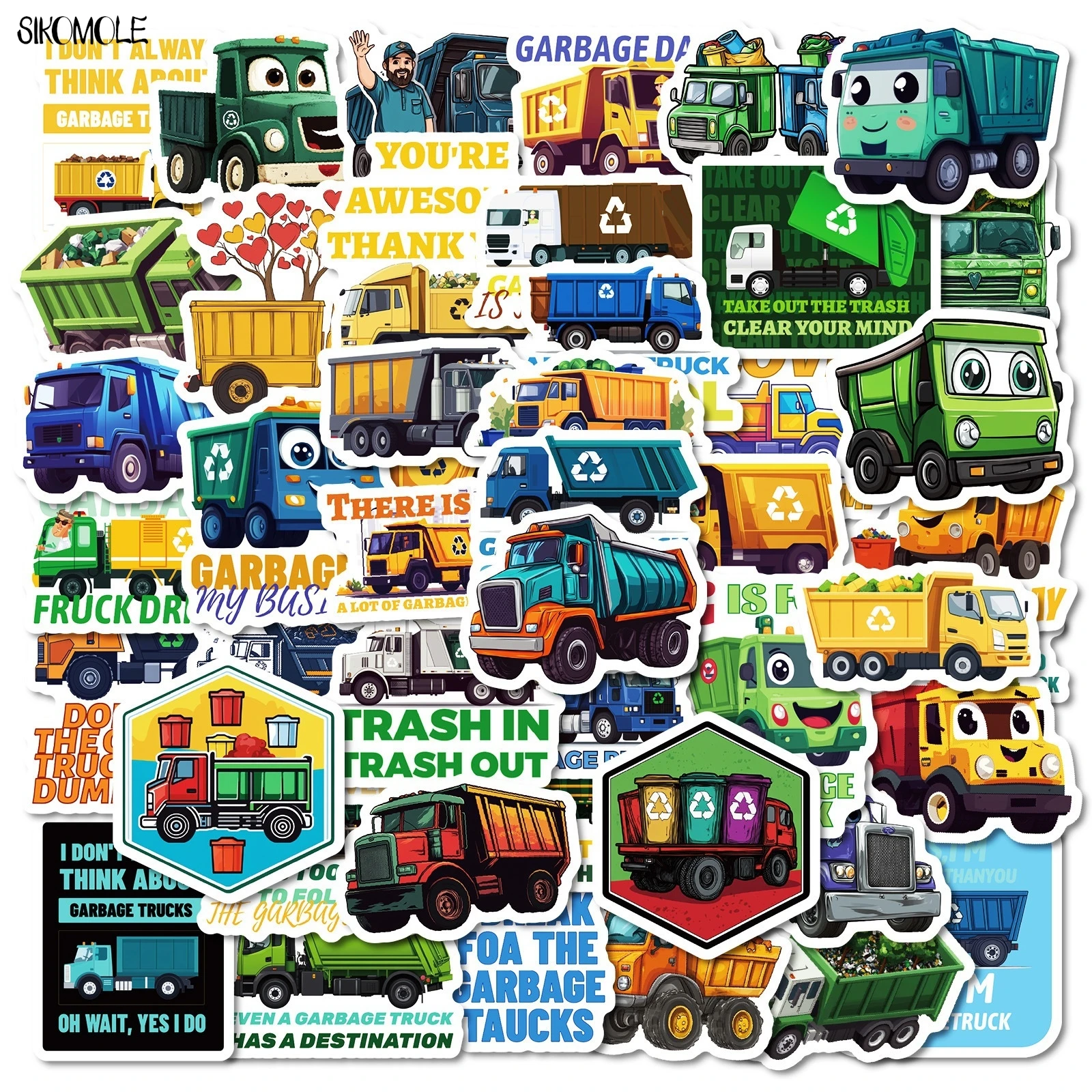10/30/50PCS Cartoon Hand Drawn Garbage Truck Stickers Book DIY Skateboard Guitar Luggage Suitcase Decoration Graffiti Sticker