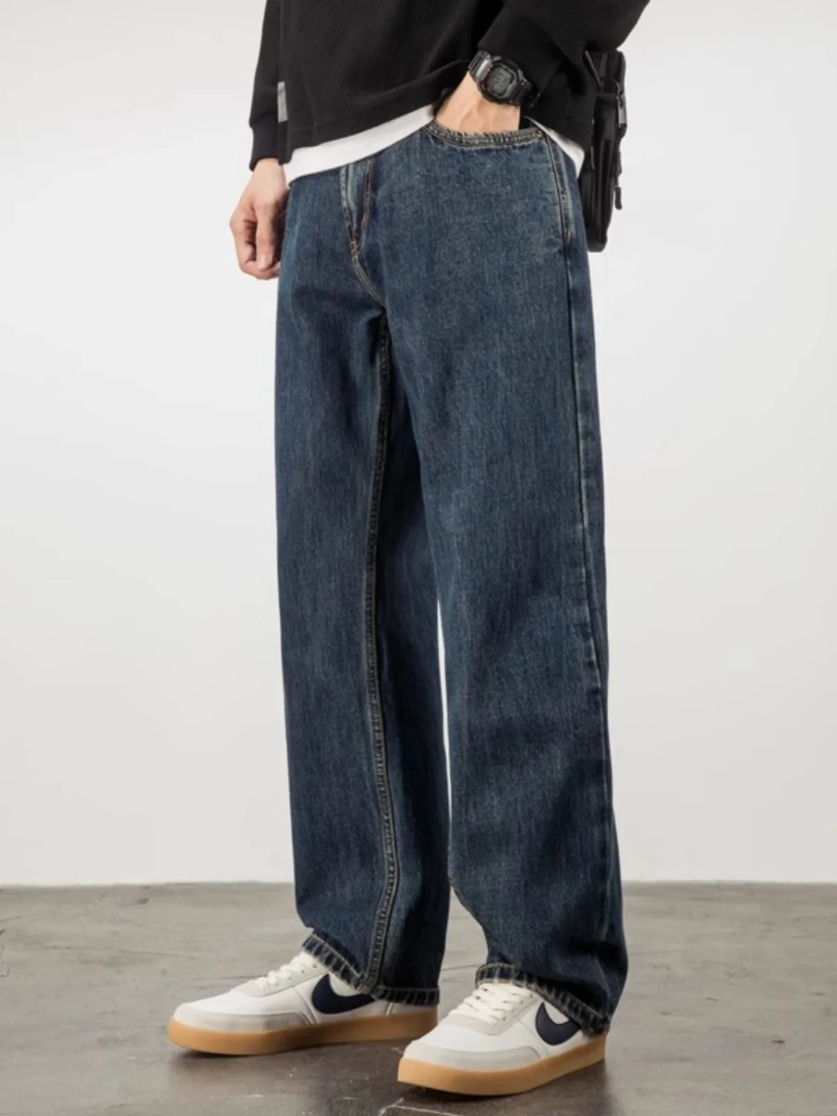 

Модные мужские джинсы с широкими штанинами, подкладка из флиса, американский ретро-стиль, средняя посадка, длинные брюки, повседневный молодежный стиль