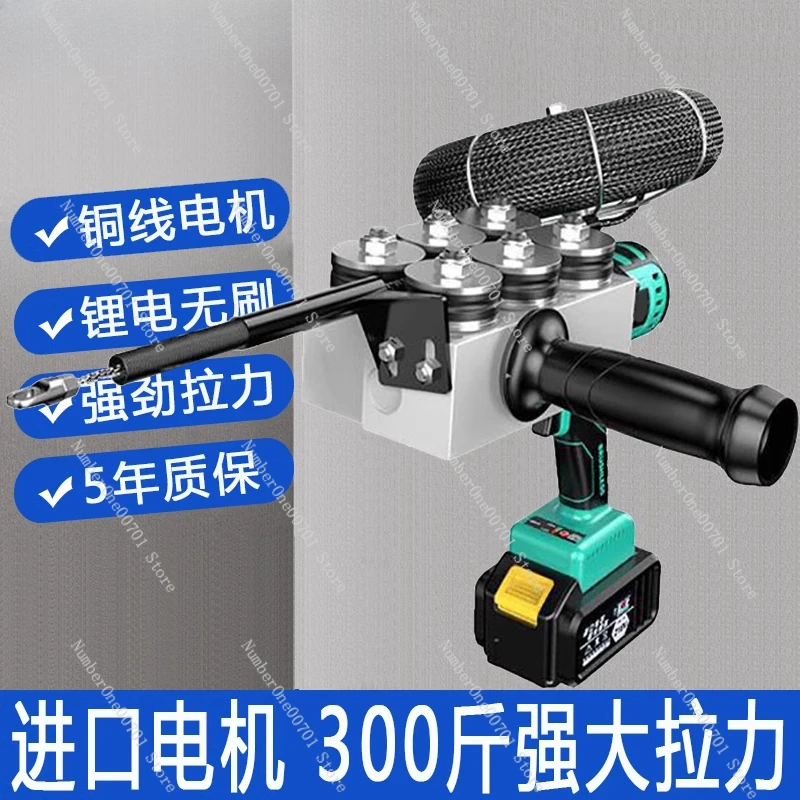 Electric threading machine, lead device, automatic threading artifact, lithium electric wire pulling machine for hydropower