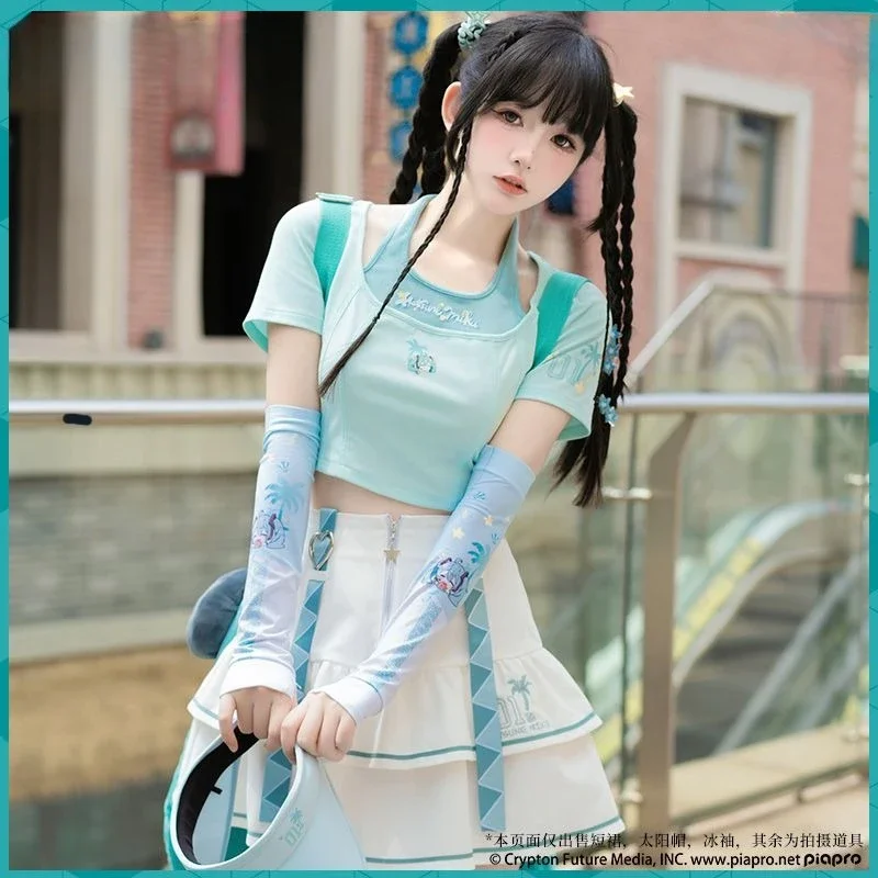 Hatsune Miku Short-sleeved Anime Peripheral Cute Cartoon Skirt Japanese Kawaii T-shirt Sun Hat Summer New Sportswear Comfortable