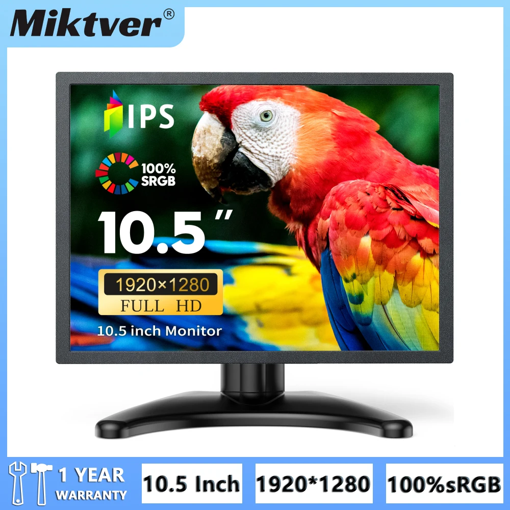 Miktver G1051 CCTV 감시 디스플레이, 풀 HD 1920x1280P 데스크탑 모니터, 10.5 인치 IPS 스크린, HDMI, VGA 비디오 입력, 두 번째 PC