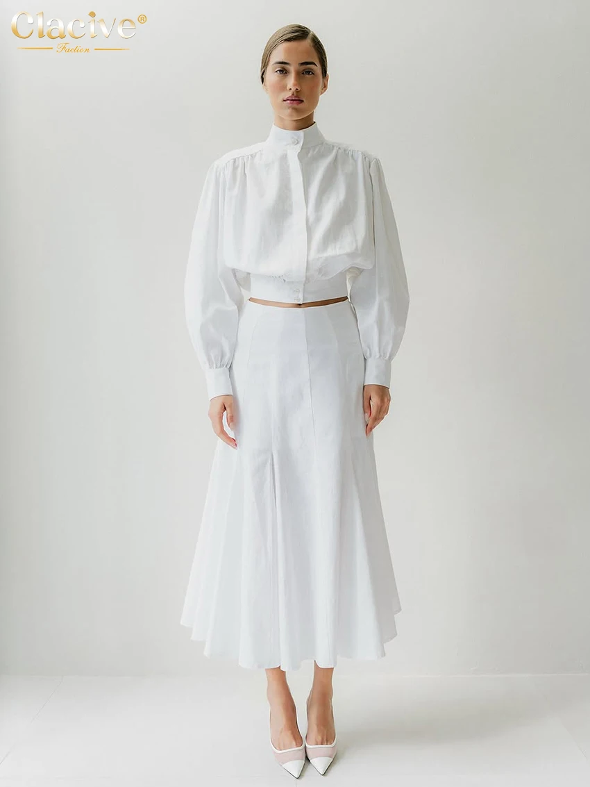 

Clacive Fashion Loose White Cotton Women's Two Pieces Set Elegant Long Sleeve Crop Shirt With High Waist Long Skirt Set Female