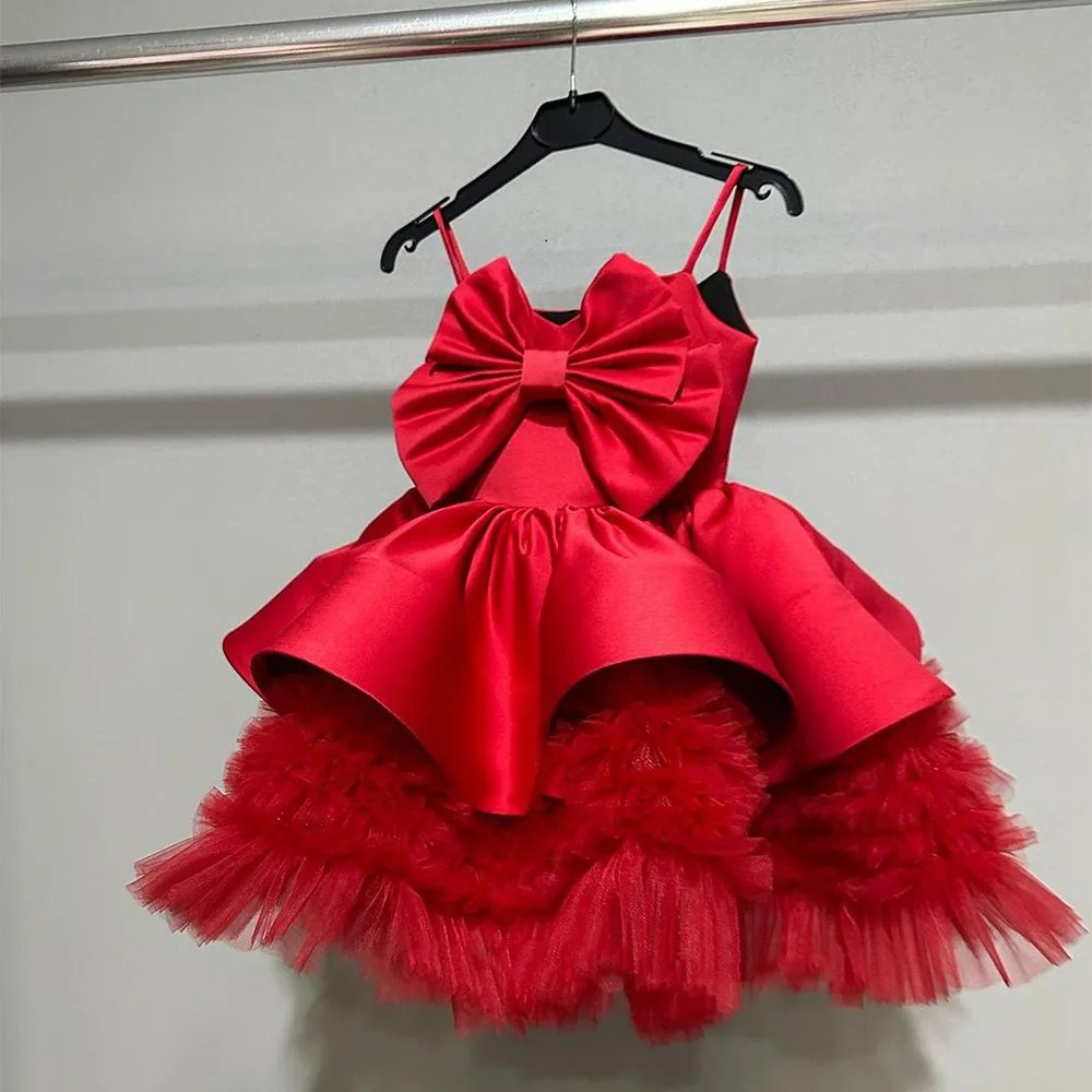 MVOZEIN-vestido rojo para niña, prenda con tirantes finos, capas, flores hinchadas, fiesta de cumpleaños, comunión