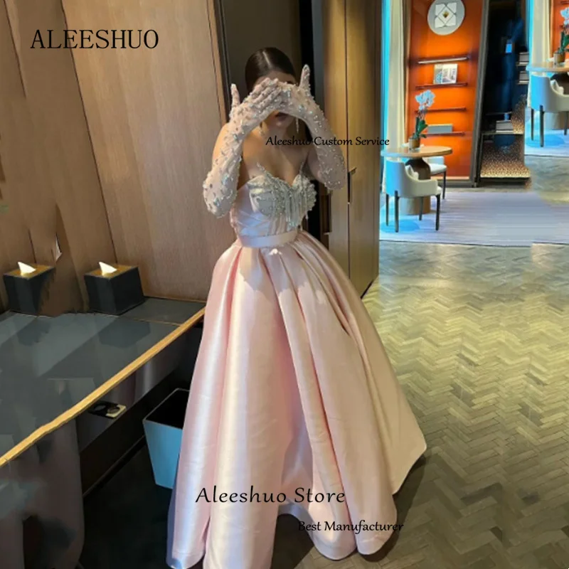 Aleeshuo Baby Pink Satin Prom Dress A Line Sweetheart Beaded Crystal Party Dresses Celebrity Ball Gowns Party Dress вечерние пл