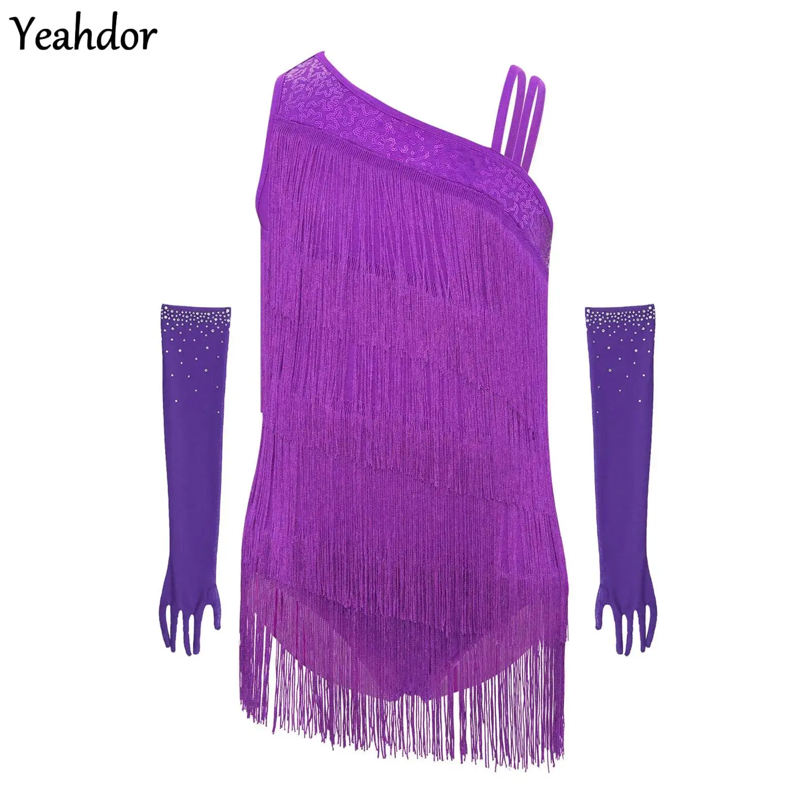 

Kids Girls Tassel Latin Dance Leotard Dress Sleeveless Fringe Bodysuit +Gloves Outfits Ballroom Cha-Cha Salsa Skating Performanc