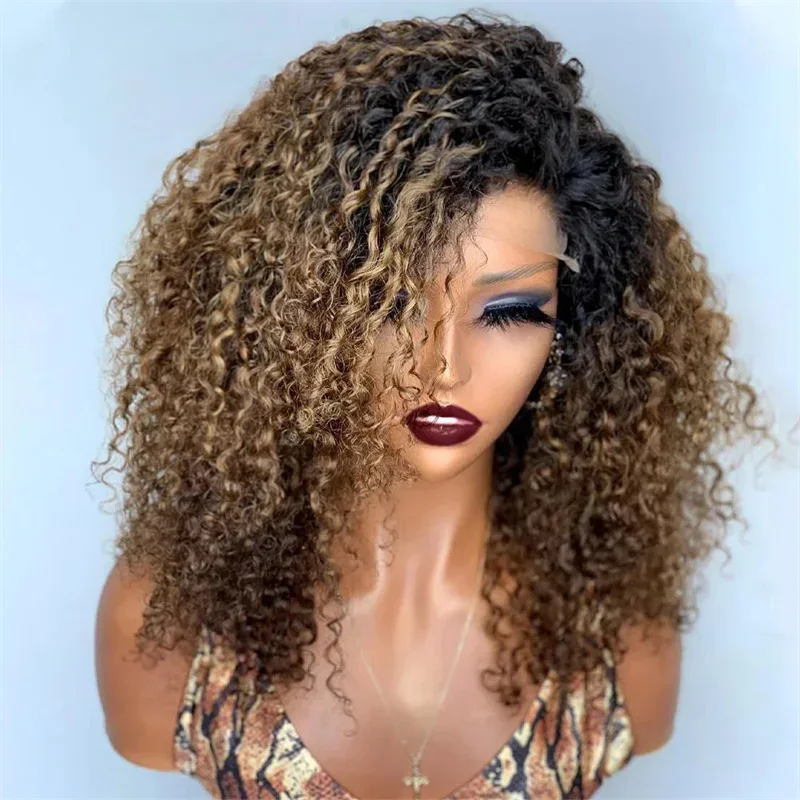 Soft 26lnch Glueless 180Density Ombre Brown  Long Kinky Curly Lace Front Wig For Women With Baby Hair  Preplucked Synthetic