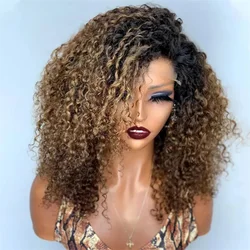 Peruca dianteira longa e encaracolada para mulheres, cabelo sintético pré-arrancado, cabelo macio de bebê, marrom ombre, densidade 180, 26lnch