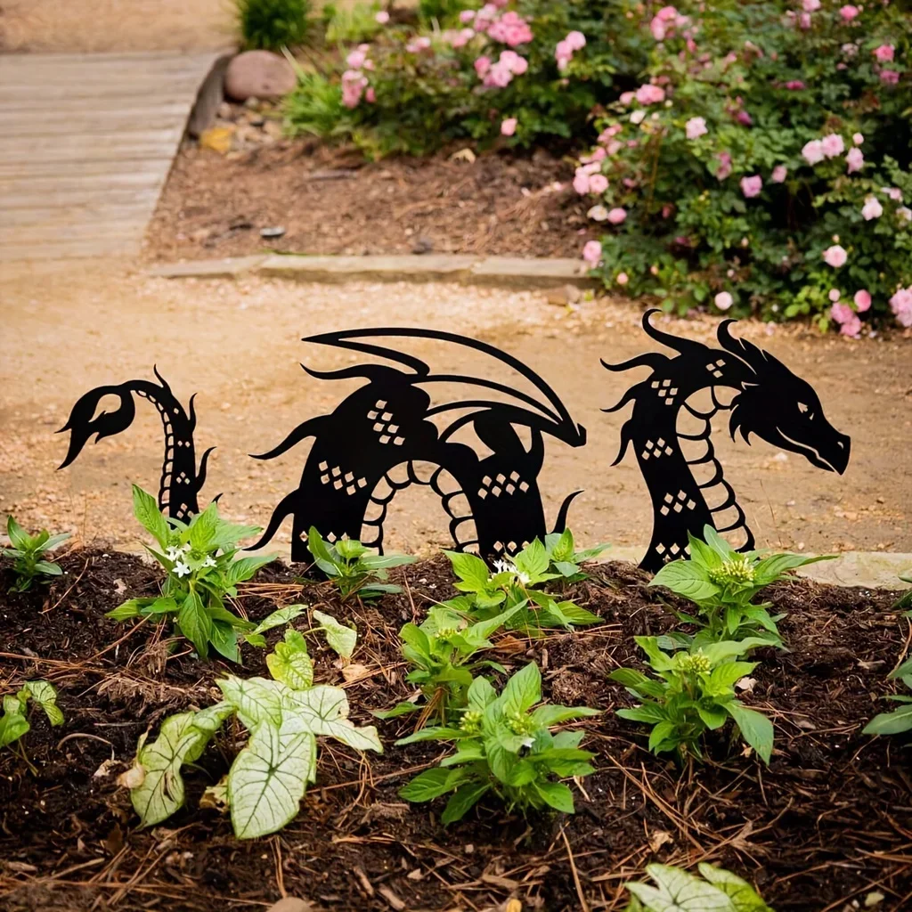 3pcs Enhance Your Garden Magical Dragon Garden Stake Set Yard Iron Art Silhouette Decoration Large Outdoor Metal Yard Art Decor