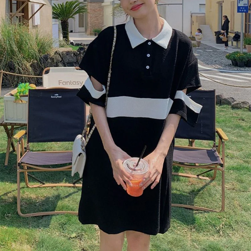 150kg Wearable Summer Spliced Hit Color Women Polo Shift Dress Fashion Girls Split Fork Casual Harajuku 2xl Oversized Clothing