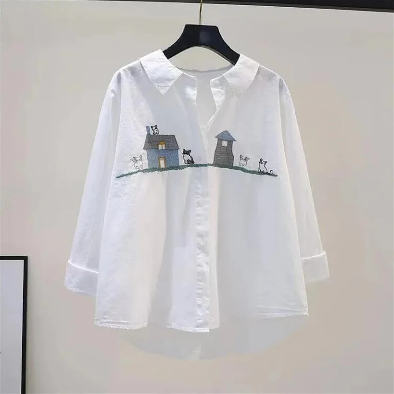 Trendy Embroidery Blouses Women Cotton Shirt Cartoon Top For Women  Doll Neck Loose Long-sleeved Cardigan Shirt Female Blous