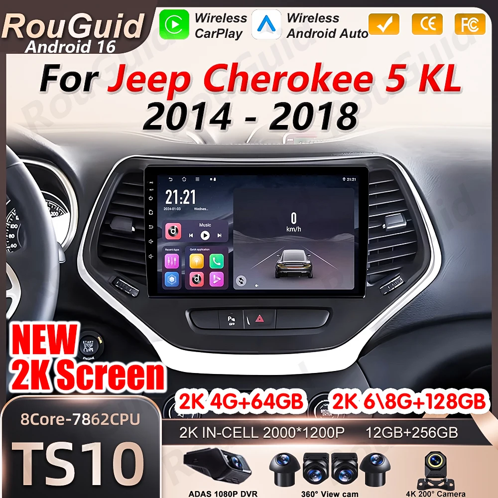 

Автомагнитола Android 16 Carplay для Jeep Cherokee 5 KL 2014-2018, мультимедийный проигрыватель с видео, 5G Wi-Fi, Bluetooth, экран 2K