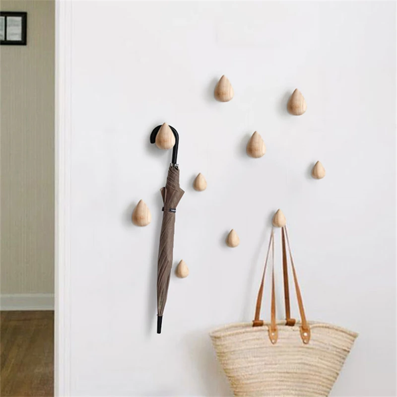 Cute Water Drop Log Color Beech Wood Hook Multi-Purpose Key Holder Decoration Wall Coat Rack Door Clothes Storage Home Organizer