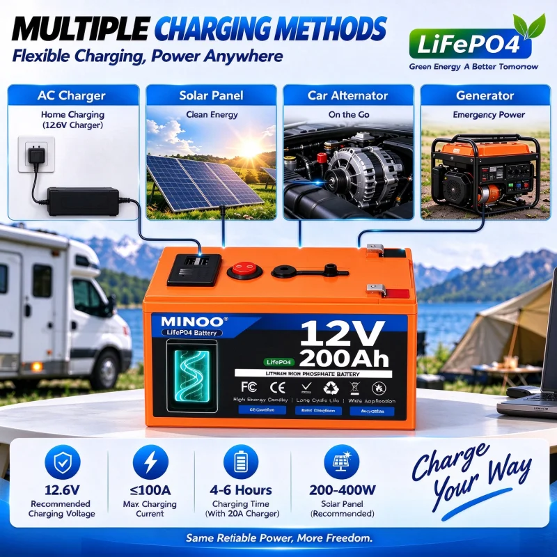 12V 50Ah 80Ah 120Ah 180Ah 200Ah LiFePO4 Battery For RV Campers Golf Cart Off-Road Off-grid