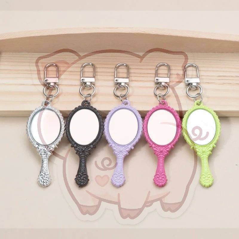 Mini Vintage Handheld Mirror Keychain Durable Embossed Frame Bag Pendant for Car Key Ring Women Outdoor Daily Use