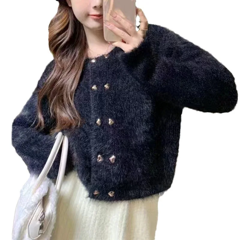 Artificial Mink Fur Simple Knitted Cardigan For Women Autumn Winter New Round Neck Solid Color Double Breasted Sweater For Women