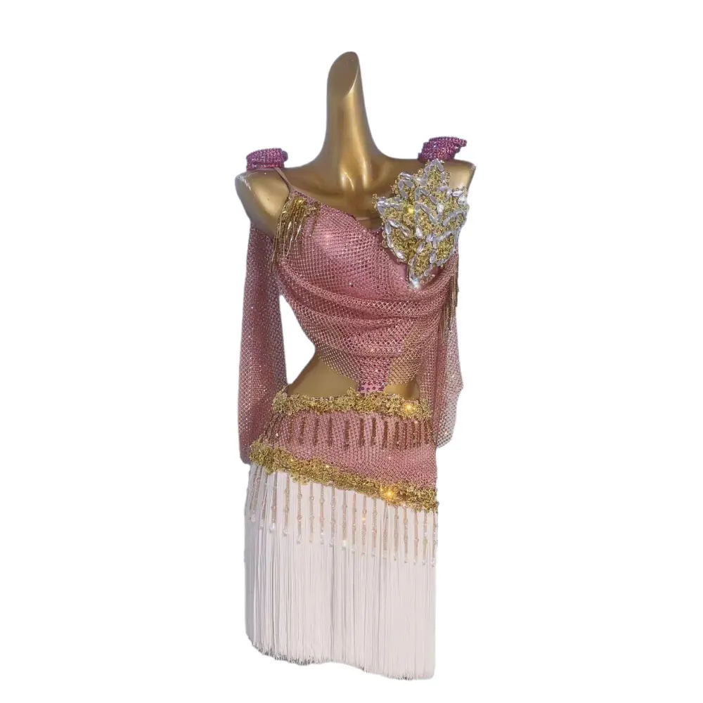 Kostium do tańca latynoamerykańskiego z dżetami, damski, ekskluzywny, szyty na miarę, złoty kwiat, siateczkowy strój na ramiączkach do samby.