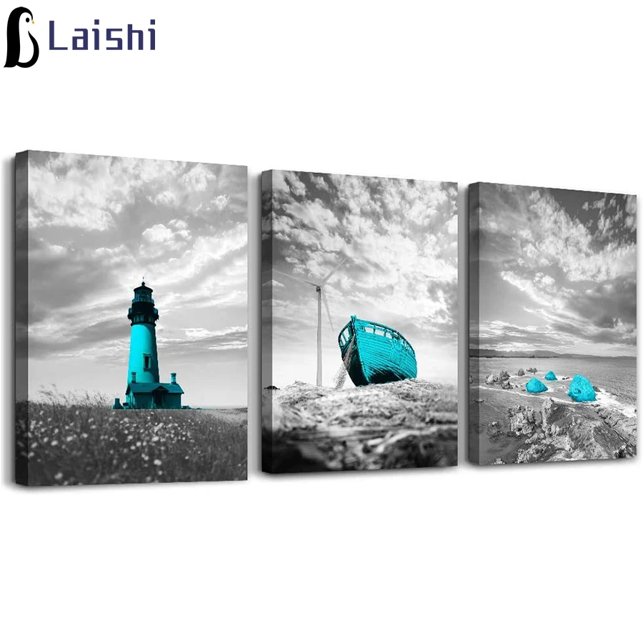 Diamond Painting, Diamond Embroidery, Black and White Landscape, Blue lighthouse, Boat, Handmade, Home Decoration, 3Pcs