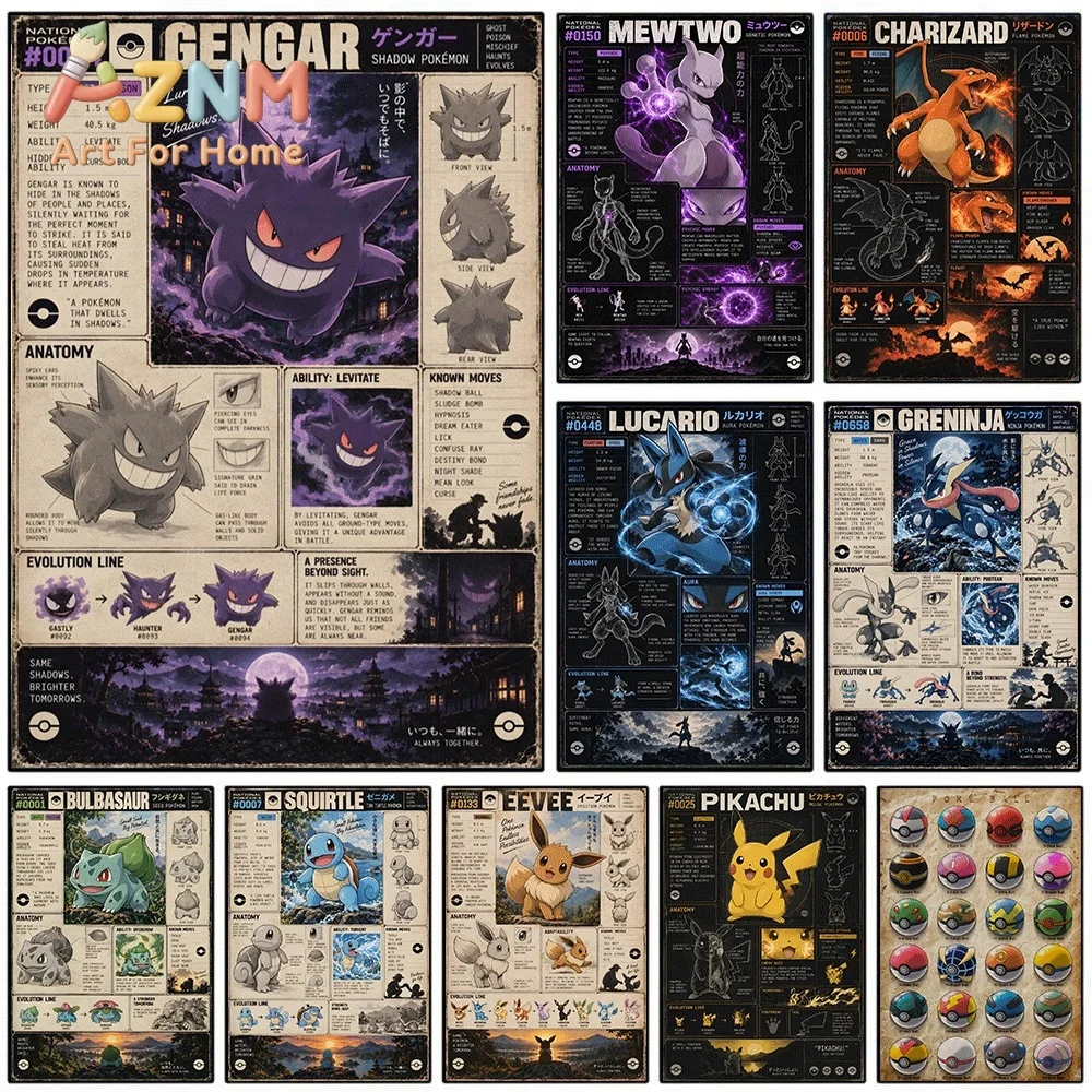 Vintage Pokedex Gengar Data Sheet Canvas Wall Art No Frame Anime Monster Character Print Poster for Kids Bedroom Living Room H